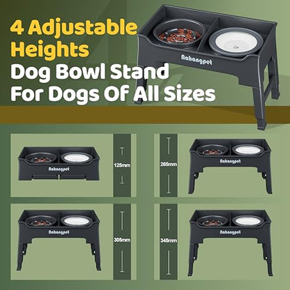 2-in-1 Elevated Dog Bowls, Mess-Proof Slow Feeder with No-Spill Water Bowl, 4 Height Adjustable, 2 Combination Options, Raised Bowl for Small, Medium & Large Dogs (Grey)