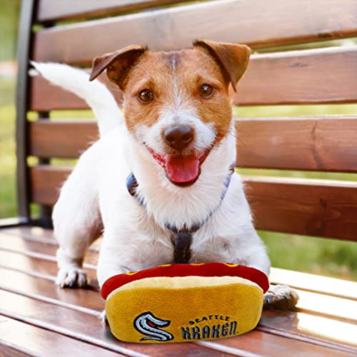 Pets First NHL Seattle KRAKENS HOT Dog Plush Dog & CAT Squeak Toy - Cutest HOT-Dog Snack Plush Toy for Dogs & Cats with Inner Squeaker & Beautiful Hockey Team Name/Logo - color: Seattle Kraken, style: NHL Hot Dog Toy