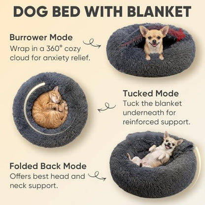 Himax Dog Beds for Small Dogs, Donut Dogs Beds with Blanket Attached, Calming Dog Bed Washable (20"/26"/35") Grey - color: Grey, size: 20.0"L x 20.0"W x 7.0"Th