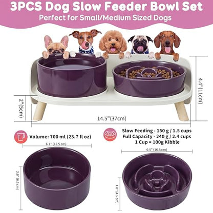 Elevated Slow Feeder Dog Bowls - Ceramic Food and Water Bowl Set with Stand - Raised Pet Dishes for Small and Medium Sized Dogs - color: Purple