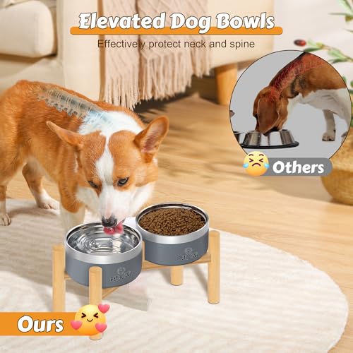 UPSKY Elevated Dog Bowls – 27oz Stainless Steel Anti-Spill Set with Wooden Stand, Double Raised Bowls for Small/Medium Dogs to Reduce Neck Strain & Improve Digestion - color: Grey