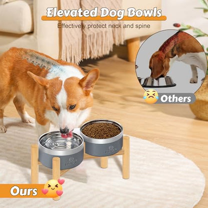 UPSKY Elevated Dog Bowls – 27oz Stainless Steel Anti-Spill Set with Wooden Stand, Double Raised Bowls for Small/Medium Dogs to Reduce Neck Strain & Improve Digestion - color: Grey