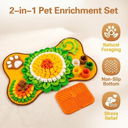 Snuffle Mat for Dogs & Lick Mat Set, Orange Snuffle & Lick Combo | Snuffle Mat for Puppies, Dog Puzzle Toy, Interactive Enrichment Treat Mat, Slow Feeder Puzzle Toy, Squeaky Sounds
