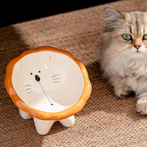 Cat Bowl Elevated Cat Bowls Whisker Friendly Cute Ceramic Tilted Food Bowls for Indoor Cats 6 Inch Wide 15° Raised Kitten Supplies Dishwasher and Microwave Safe Pink Cats Water Bowl - color: Cute Lion Elevated Cat Food Bowl