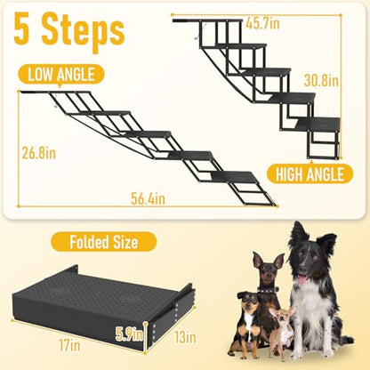 Dog Steps for Car, 5 Steps Foldable Dog Stairs for Large Dogs with Upgraded Non-Slip Surface, Pet Ramp Alternative, Heavy-Duty Plastic Pet Stairs for Vehicles, SUV, Truck, Lightweight & Portable