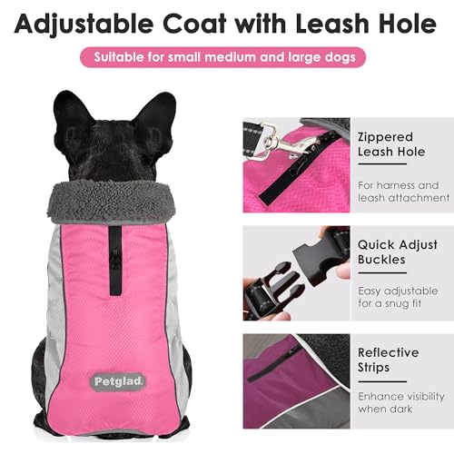 Petglad Dog Coat, Waterproof Ripstop Dog Winter Jacket with Leash Hole, Reflective Adjustable Warm Pet Fleece Snow Sweater for Small Medium Large Dogs - Pink, S - color: Pink, size: S
