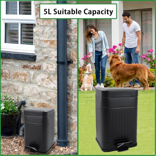5L Dog Poop Trash Can with Lid for Outdoors，1.3 Gallon Trash Can with Activated Carbon Filter & Plastic Bags, Pet Waste Container，UP5L-BK-Fang