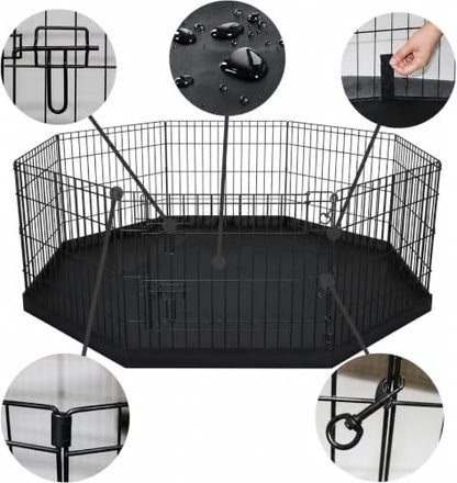 Dog Pen Pet Playpen Dog Fence Indoor Foldable Metal Wire Exercise Puppy Play Yard Pet Enclosure Indoor Outdoor 8 Panels 24 Inch with Bottom Pad/Top Cover (Black with Bottom pad) - style: Playpen + bottom pad
