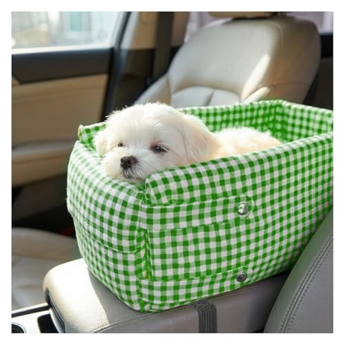 Craedli Center Console Dog Car Seat, Removable Car Armrest Box Pet Booster Seat with Safety Leash & Cushion, Washable Auto Interior Dog Carseat for Small Pets, Fit Most Cars (Green) - color: Green