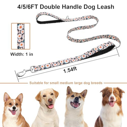 6ft Dog Leash with Two Padded Handles, Heavy Duty Strong Nylon Pet Leash with Soft Neoprene Handle for Small Medium Large Dogs, Daisy - color: Daisy, size: 1 in x 6 ft