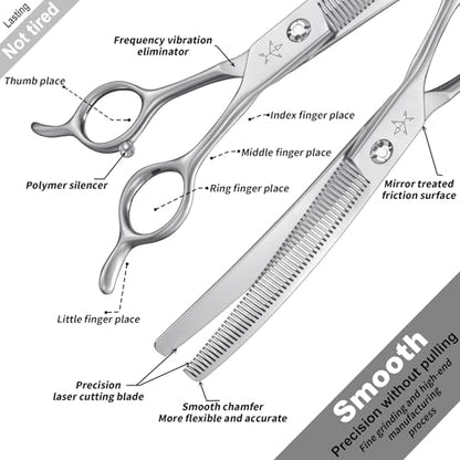 High-end Professional Dog Grooming Curved Thinning Scissors Teeth Blending Shears Pet Texturizing Thinner Blender Shears 7 Inch Extremely Very Sharp Made Of Stainless Steel Alloy For Dog Cat Groomer - style: 7inch Tiny Teeth Curved Thinning