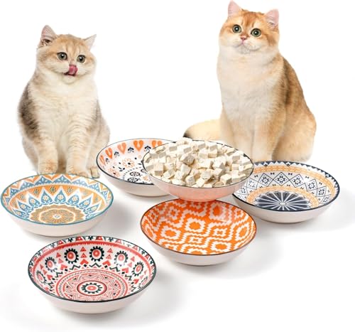 YEAHGO Cat Bowls Ceramic Cat Food Bowl for Indoor Cats and Kittens, 5.5" Anti Whisker Fatigue Cats Dishes, Shallow Wide Plates Cute Pet Feeding Bowls for Food and Water,6 Pack - size: Boho–6 Pack