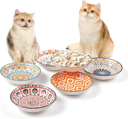 YEAHGO Cat Bowls Ceramic Cat Food Bowl for Indoor Cats and Kittens, 5.5" Anti Whisker Fatigue Cats Dishes, Shallow Wide Plates Cute Pet Feeding Bowls for Food and Water,6 Pack - size: Boho–6 Pack