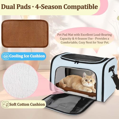 Cat Carrier - Cat Carrier Soft with Plush Pad & Cooling Mat, Easy-Load 4-Side Zipper & 3-Side Mesh Ventilation, Pet Carrier Airline Approved for Cats/Dogs Up to 16 lbs, Blue - color: Blue
