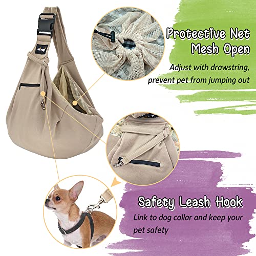 NATUYA Dog Sling Puppy Carrier for Small Dogs Hand Free Doggie Walking Bag Adjustable Shoulder Strap Zip Pocket Safety Belt Protective Mesh Pet Carrier for Travel Outdoor Subway, Khaki - color: Khaki