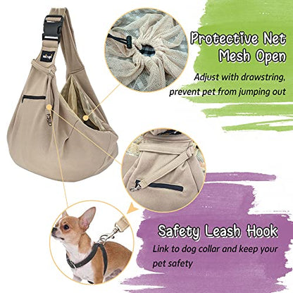 NATUYA Dog Sling Puppy Carrier for Small Dogs Hand Free Doggie Walking Bag Adjustable Shoulder Strap Zip Pocket Safety Belt Protective Mesh Pet Carrier for Travel Outdoor Subway, Khaki - color: Khaki