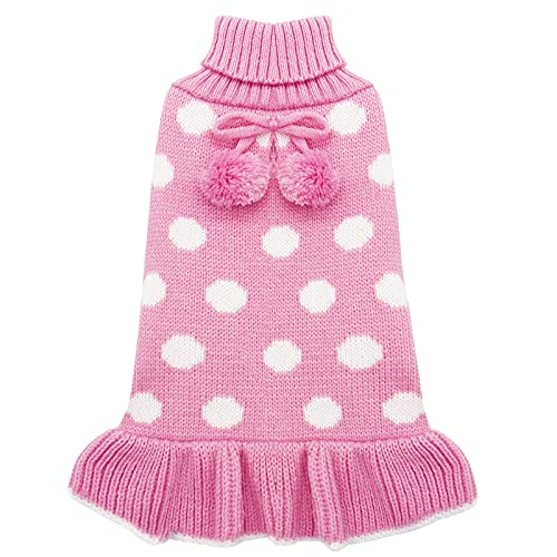 KYEESE Valentines Dog Sweater Dress, Warm Dog Sweaters for Small Dogs Girl Cats Dogs Clothes, Pullover Cozy Knit Pet Appare with Leash Hole, Pink Dot, S - color: 03# Polkadot (Pink), size: Small (3-6lbs)