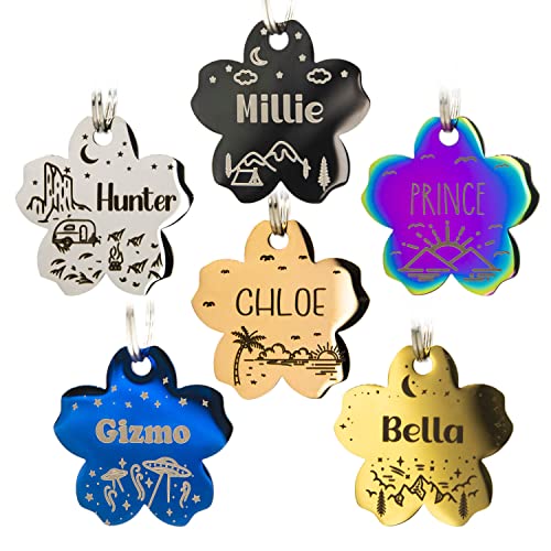 Personalized Dog Tag with 5 Lines of Custom Deep Engraved Durable Stainless Steel Pet ID Name Tag Designer Regular Size Flower - size: Regular, style: Flower