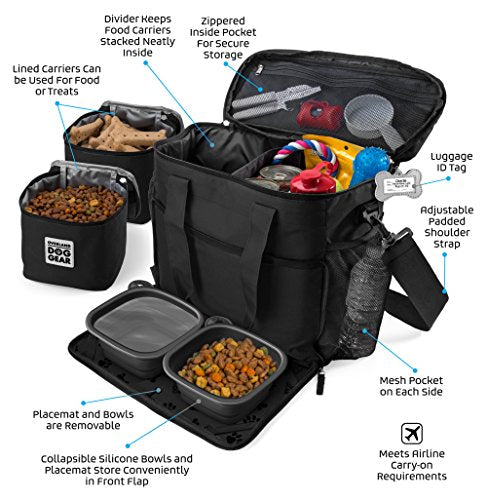 Mobile Dog Gear, Week Away Dog Travel Bag for Medium and Large Dogs, Includes Lined Food Carriers and 2 Collapsible Dog Bowl, Black - color: Black, size: One Size (Pack of 1)