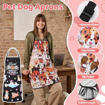 4 Pack Dog Grooming Aprons with 2 Pockets Adjustable Grooming Smock Apron for Dog Groomers Dog Cat Pets Cute Animals Bib Apron