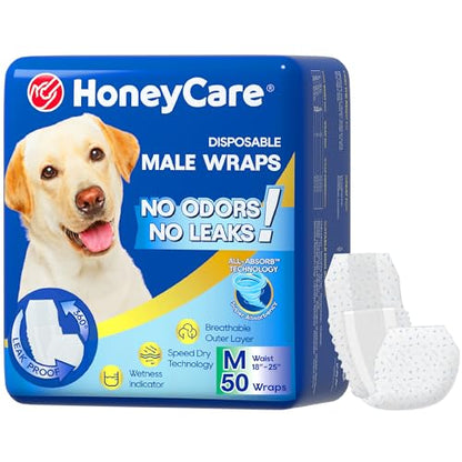 HONEY CARE All-Absorb A25 Male Dog Wrap, 50 Count, Medium, White - size: Medium -50 Count ( Pack of 1)