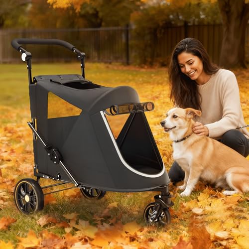 Magshion Pet Stroller for Medium Dogs w/Adjustable Handle, 3-Wheel Dog Cat Wagon w/Dual Entry, Rear Storage, Breathable Mesh, One-Foot Brake, Ideal for Large Pets up to 55 lbs, Black - color: Black, style: Up to 55 lbs