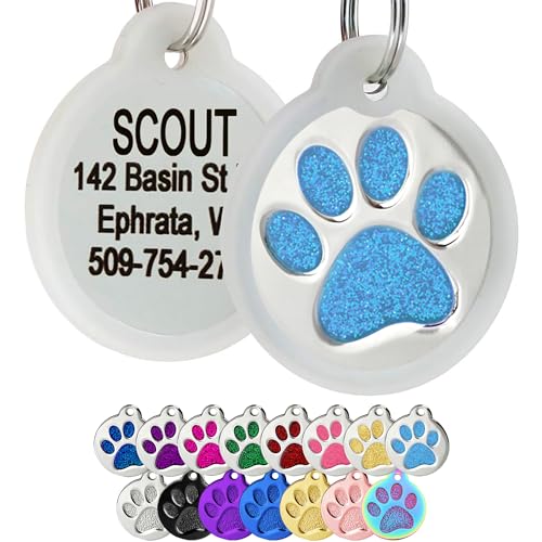 GoTags Paw Print Round Stainless Steel Pet Tag for Dogs and Cats, Personalized with 4 Lines of Custom Engraved ID Name and Number, in Stainless Steel and 15 Colors Small and Large, Glitter Light Blue - color: Glitter Light Blue, size: Large w/ Silencer