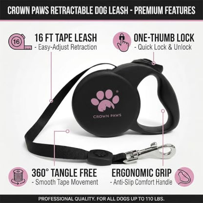 Chew Proof Retractable Dog Leash for Large Dogs, 16ft Heavy Duty Dog Lead with Anti-Chewing Steel Wire Rope, Tangle-Free 360° Swivel, One-Hand Brake & Lock, Black L - color: Black, size: Large