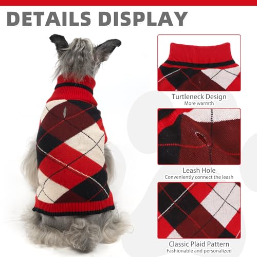 KOOLTAIL Dog Sweater Pet Knitted Clothes-Classic Plaid Pullover Turtleneck Red Fleece Dog Christmas Sweaters with Leash Hole, Thick Warm Dog Winter Clothes for Small Medium Large Dogs Cats Puppy, M - color: Red2, size: Medium