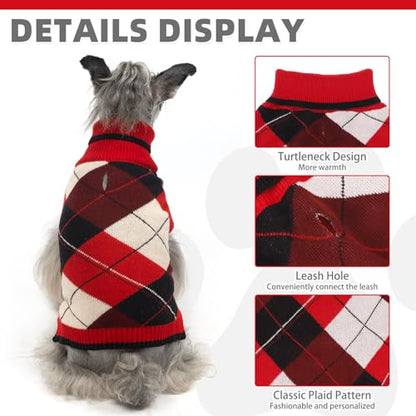 KOOLTAIL Dog Sweater - Thick Warm Plaid Pullover Turtleneck Fleece Dog, Cat, Puppy Christmas Sweater with Leash Hole - Red - S, M, L - color: Red2, size: Small/Medium