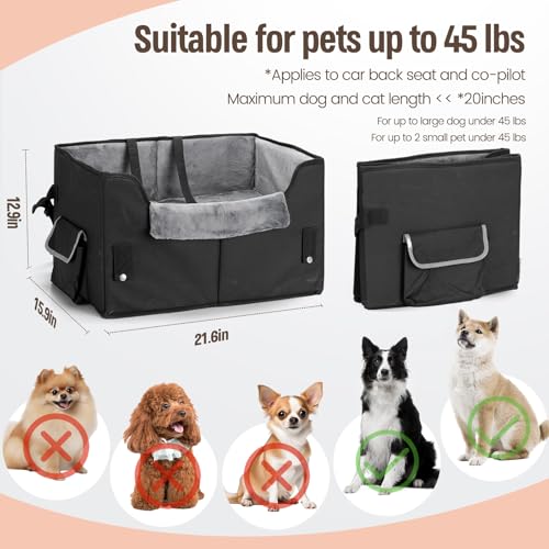 Dog Car Seat for Medium or Large Dogs Size Portable Car Booster Seat for Dogs with Harness and Thick Cushion, Perfect for Small Pet up to 45lbs(Black)