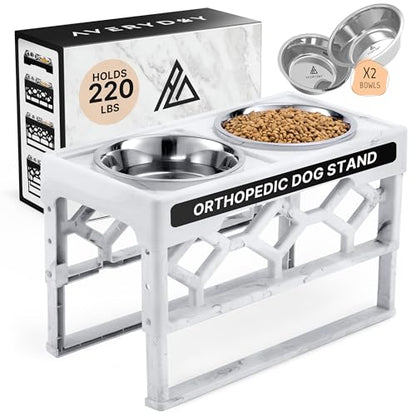 AVERYDAY Elevated Dog Bowls, 4 Height Adjustable Stand for Small and Medium Dogs, Raised Dog Feeder Holder with 2 Stainless Steel Food and Water Bowls, Anti-Slip Base Tall Feeding Station - color: Marble grey stand + 2 food bowls, size: Small