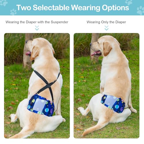 3 Pack Avont Dog Belly Bands Diapers Male with 1 Detachable Suspender, Reusable Washable Boy Doggie Pee Wraps with Harness, Separable Shoulder Strap Escape Proof & Non-Slip -Space Theme M