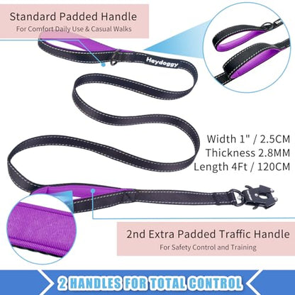 Strong Heavy Duty Dog Leash - 4ft Reflective Nylon Training Leash with Soft Padded Double Handle & Auto Lock Frog Clip - Safety Traffic Control for Large Medium Small Dog No Pull Walk Black Purple,4ft - color: Black Purple, size: 4FT x 1" x 2.8MM