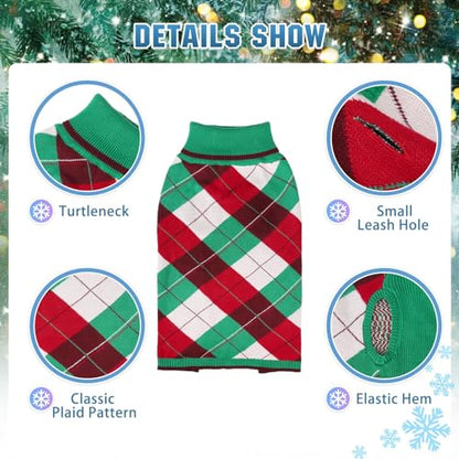 KOOLTAIL Dog Christmas Sweater Pet Knitted Clothes - Classic Plaid Pull Over Turtleneck Dog Sweaters with Leash Hole Warm Dogs Winter Clothing for Small Medium Dogs Cats Puppy (Green & Red SM) - color: Christmas, size: Small/Medium