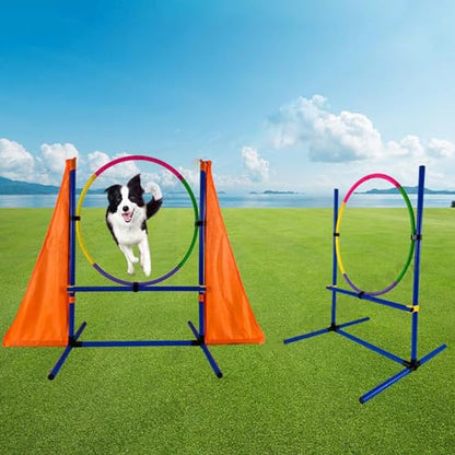 Dog Agility Training Equipment Set, 2 Dog Jump, Hurdle, Blind and Standard Tunnel and Weave Poles, Premium Dog Agility Exercise Set with Easy Carry Case