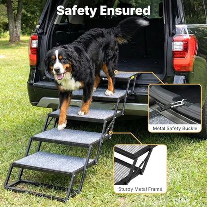 Veehoo Collapsible Dog Stairs for Large Dogs Extra Wide, 5 Steps Folding Dog Steps for Car Truck SUV 20" Wide, Heavy Duty Pet Loader Ramp Ladder Portable with Non Slip Surface, Support up to 200lbs - size: 5 Steps