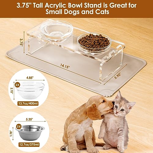 Elevated Dog & Cat Bowls – 3.75” Acrylic Raised Pet Feeder Stand with 2 Stainless Steel & 2 Glass Bowls – Food & Water Dish Set for Puppy/Small Dogs & Cats - size: Small Dogs & Cats-3.75" Height