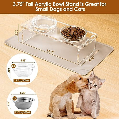 Elevated Dog & Cat Bowls – 3.75” Acrylic Raised Pet Feeder Stand with 2 Stainless Steel & 2 Glass Bowls – Food & Water Dish Set for Puppy/Small Dogs & Cats - size: Small Dogs & Cats-3.75" Height