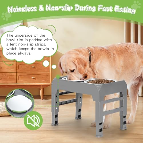 Elevated Raised Dog Bowl Stand with 2 Stainless Steel Bowls, Adjustable Height for Medium Large Dogs, 12.36" - 3.7" Foldable Feeder, Grey - color: Grey, size: Medium dogs