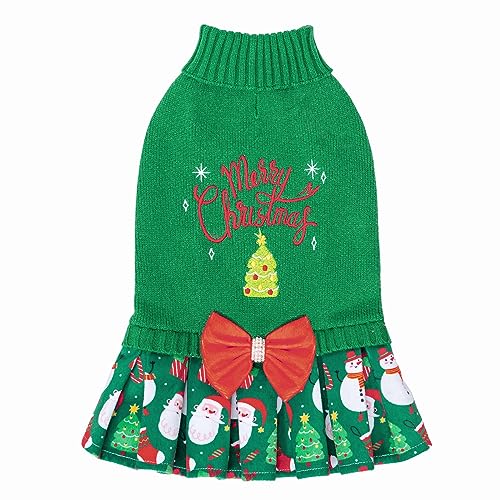 CuteBone Christmas Green Dog Sweater Dress Turtleneck Puppy Sweater with Bowtie Leash Hole Pullover Winter Dress for Small Dogs - color: Merry Christmas 2, size: Small