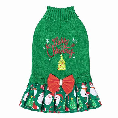 CuteBone Christmas Green Dog Sweater Dress Turtleneck Puppy Sweater with Bowtie Leash Hole Pullover Winter Dress for Small Dogs - color: Merry Christmas 2, size: Small