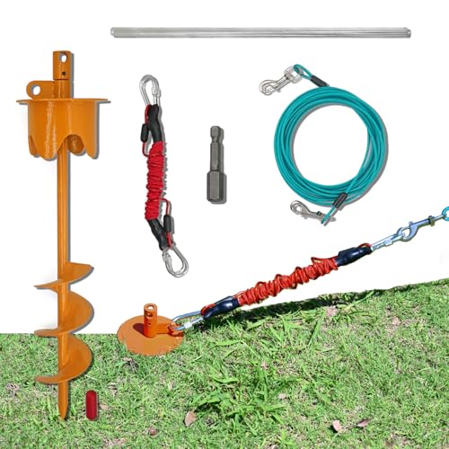 Dog Stakes for Outside Heavy Duty Hold up to 350Lbs Large Dogs Tie Out Tether Leash Chain for Yard Screw in Ground Anchors 17inch with Buffer Rope, Orange, 15 FT Steel Cable - color: Orange, size: 17IN Stake+15FT Cable
