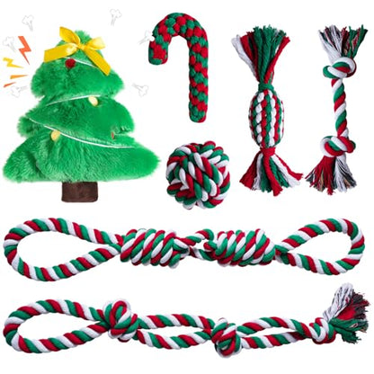 Aitmexcn Dog Rope Toys Set, 7 Pack Cotton Dog Toys for Large Dogs and Medium Small, Cute Interactive Squeaky Toy, Chewing Puppy Gaming Toy for Teeth Cleaning - size: 7 Pack Christmas-Large