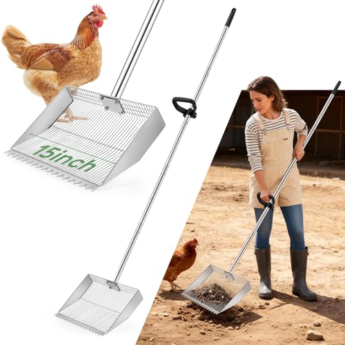 Chicken Poop Scooper Rake: 15in Extra Large Rake and Shovel,Chicken Pooper Scooper with Plastic Handle,Metal Chicken Coop Accessories,Tool for Manure Cleaning in Small Poultry and Stable