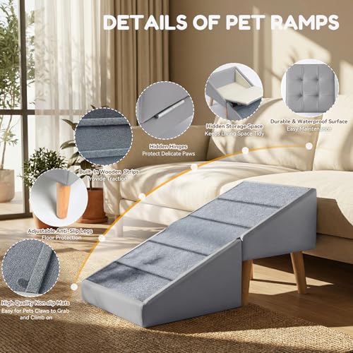 Dog Ramp for Small Dogs, 18.5" Extra Wide 3-in-1 Dog Stair with Foldable Ottoman & Hidden Storage Design, 15.7" H Safer Leather Pet Steps for Couch Sofa (Grey) - color: Grey
