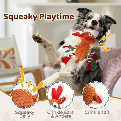 Plush Rope Reindeer Dog Toy – Durable Squeaky Tug Toy for Small, Medium Dogs, Interactive Chew & Fetch Puppy Toy - color: Christmas Colors