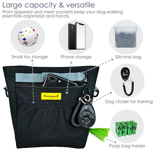 Raisingwell Dog Treat Pouch with Magnetic Closure 4-Cup Silicone Bag Fanny Pack Holder with Clicker 4 Ways to Wear Front Pocket Fits All Phones Ideal for Leash, Pet Walking and Training（Black） - color: F.Black, size: 4CUP