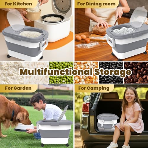 HOYTAMDA 20-30Lbs Rice Container,Collapsible Airtight Food Storage Containers with Wheels,Handle,Rice Storage Container with Small Bin and Scoop,Rice Dispenser for Flour Sugar Cereal Grain Dog Cat - color: Grey-20/30lbs