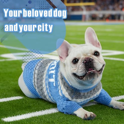 Detroit Small Dog Sweater Football Theme Turtleneck Knit Dog Sweaters for Small Pets Warm Winter Cat Dog Clothes - color: Skyblue&gray, size: Large